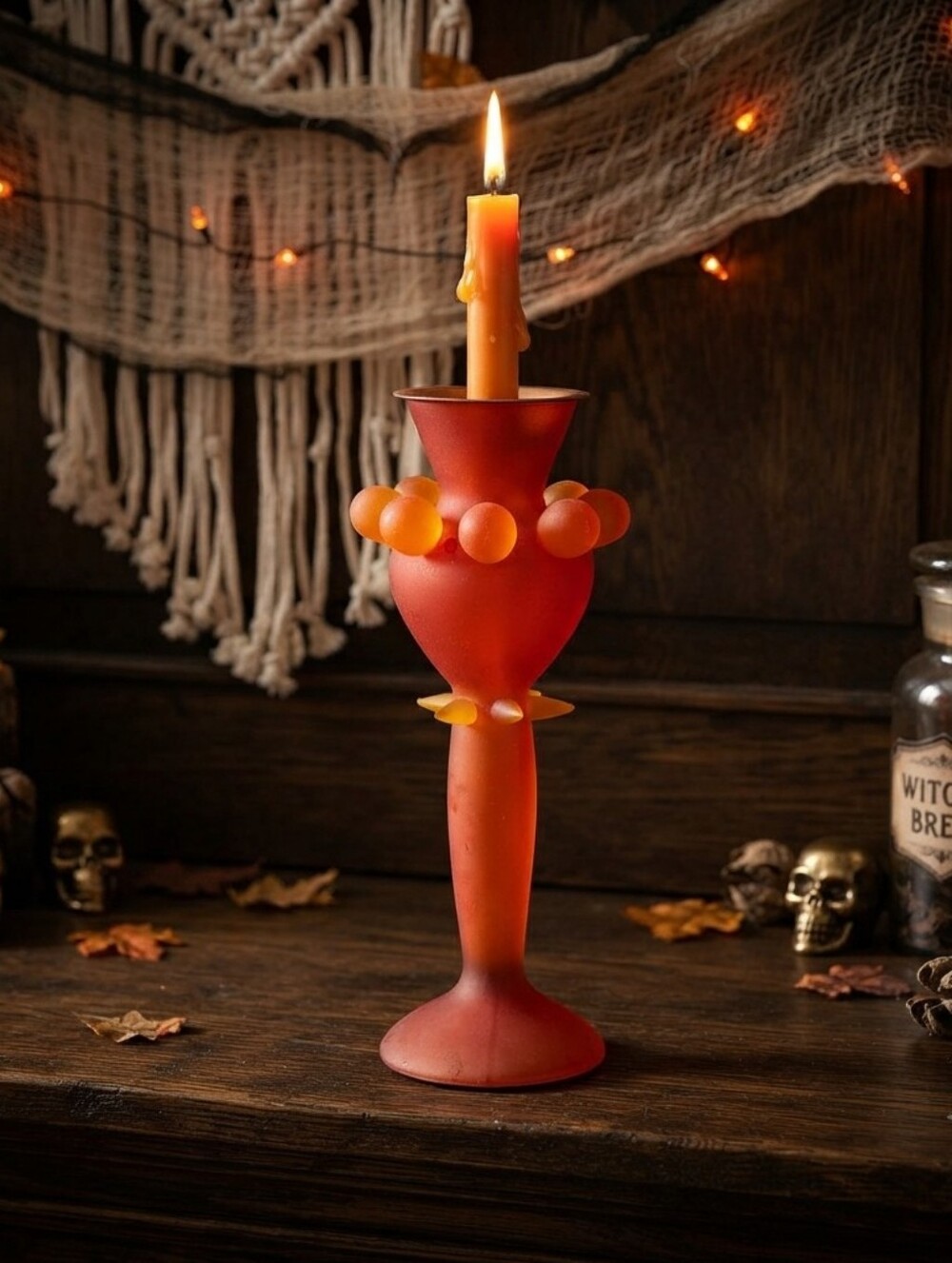 Spooky Spiked Orange Statement Candle Holder  Halloween Decor